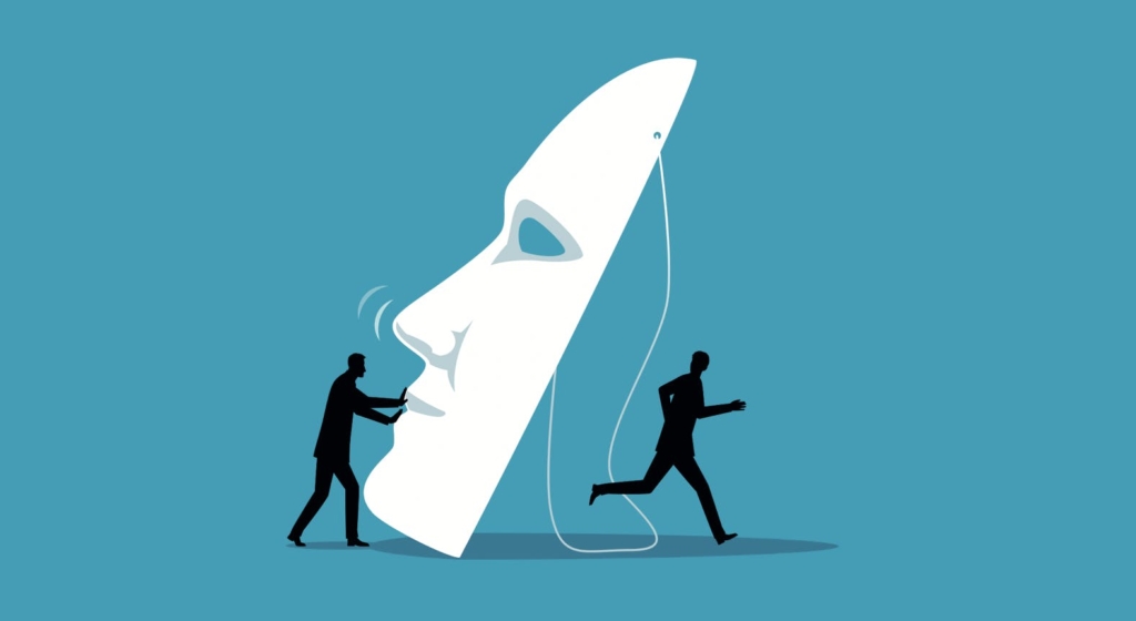 Illustration of a one man pushing a large mask onto another man, tying into the article about Extracting Fact's goal to examine activist misinformation.