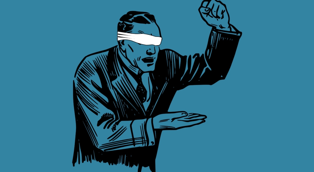 Illustration of a blindfolded man putting his fist down.