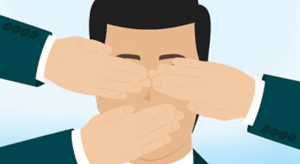 Illustration of a man's face with others' hands covering his eyes and mouth, tying into the article about citizen being silenced in the Ventura County general plan process.