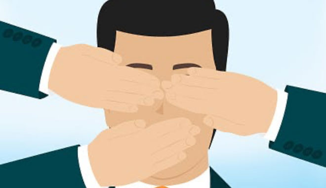 Illustration of a man's face with others' hands covering his eyes and mouth, tying into the article about citizen being silenced in the Ventura County general plan process.