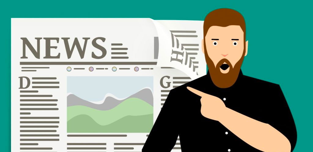 An illustrated man looking surprised and pointing to a newspaper.
